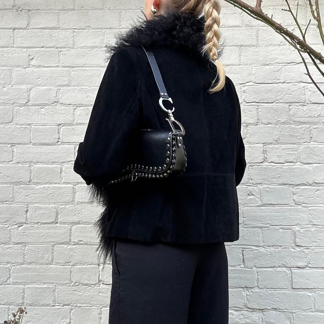 Vintage suede & mongolian fur black afghan jacket