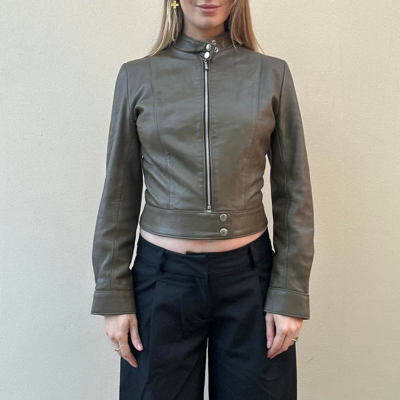 Vintage khaki leather biker jacket