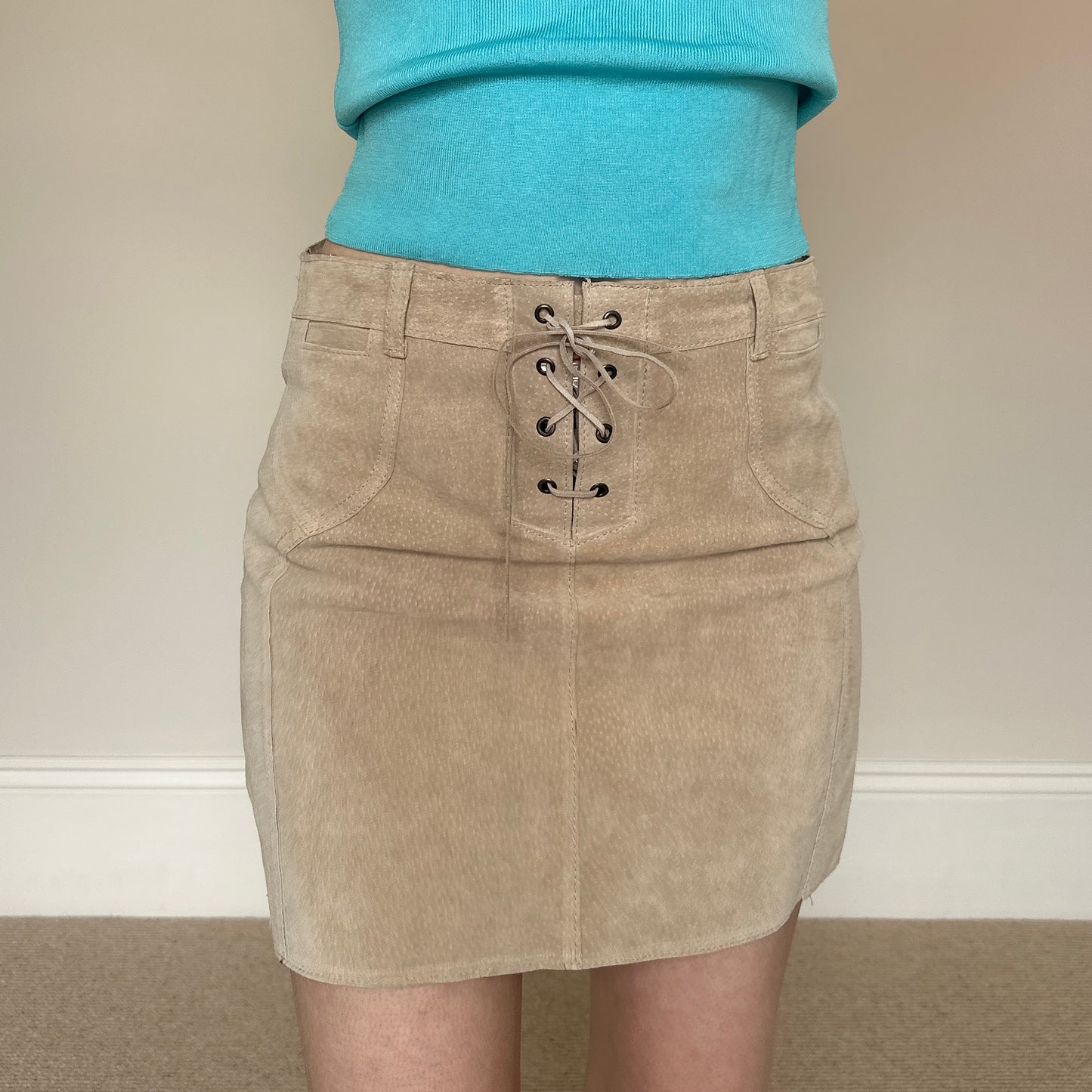 Vintage lace up suede mini skirt