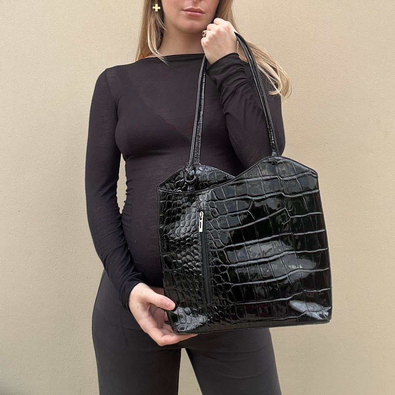 Black patent leather shoulder bag