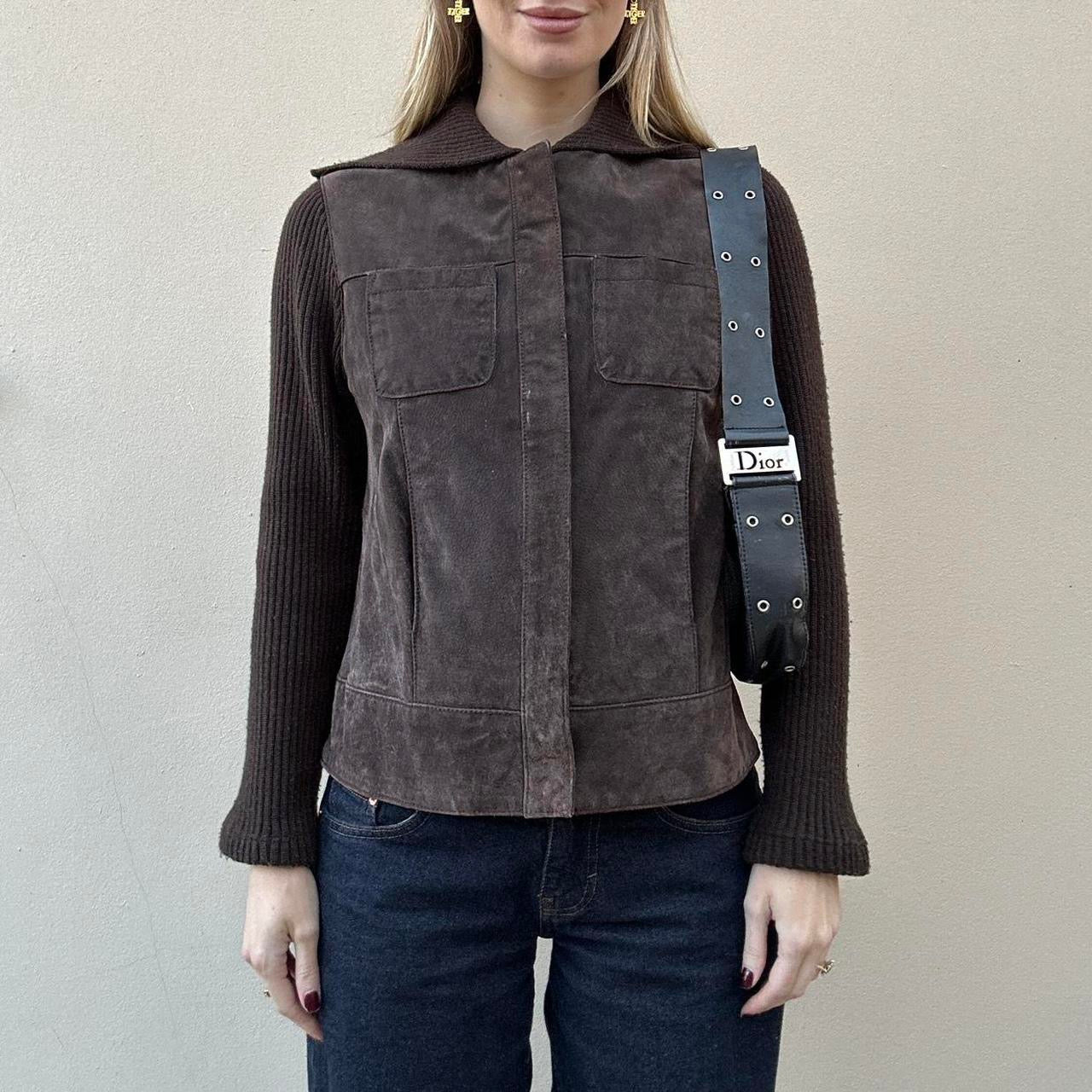Vintage 00s brown suede & knit jumper jacket