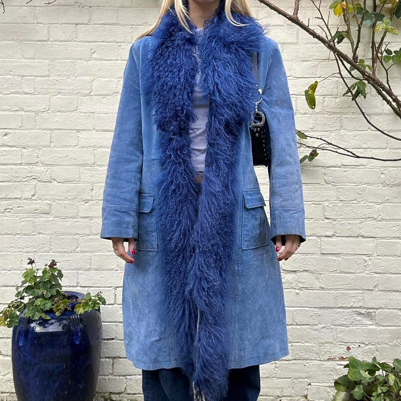 Vintage 00s cobalt blue Mongolian fur & genuine suede coat