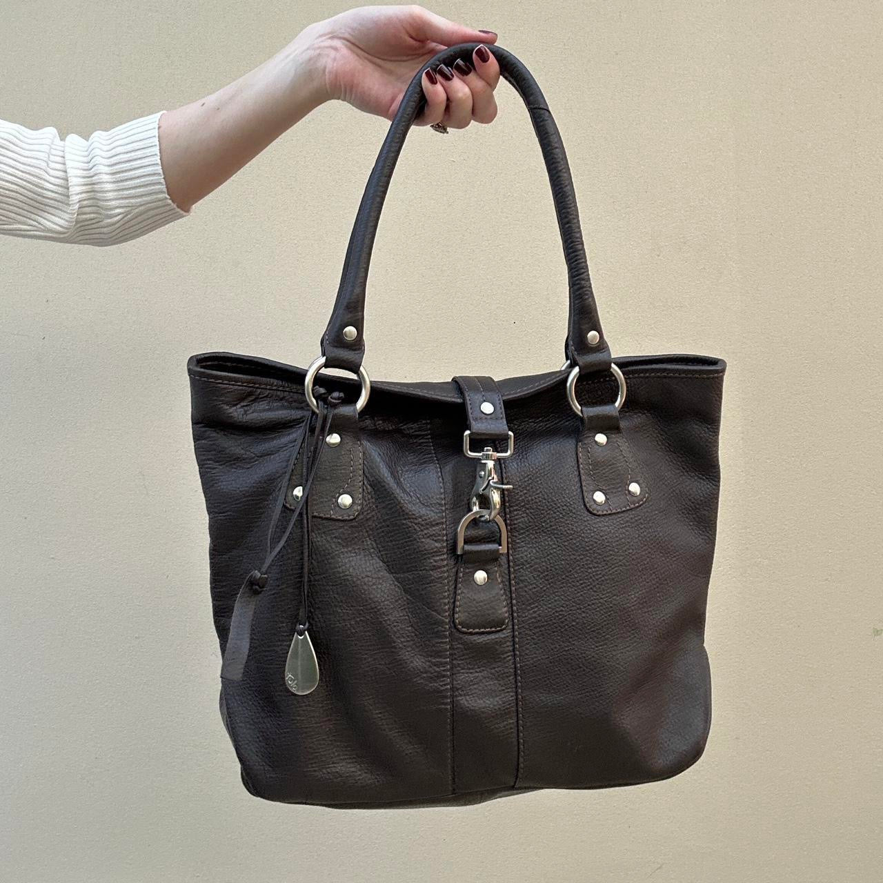 Vintage brown leather bag with silver hardware detail