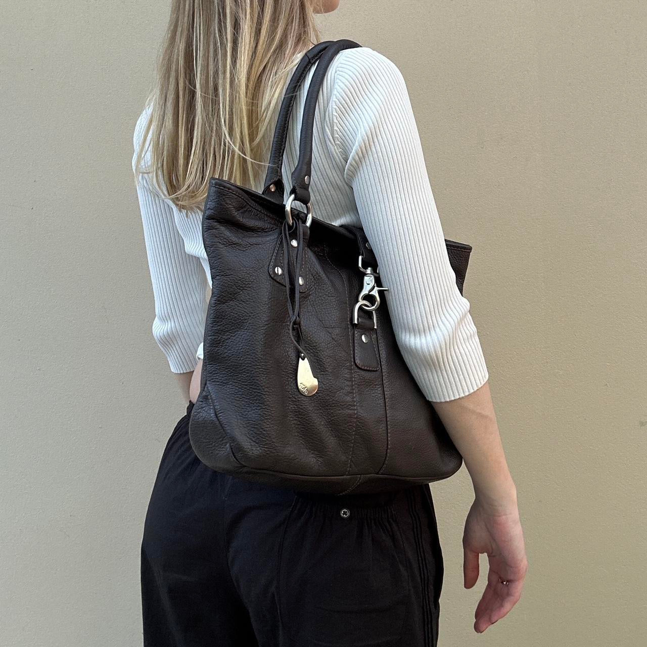 Vintage brown leather bag with silver hardware detail
