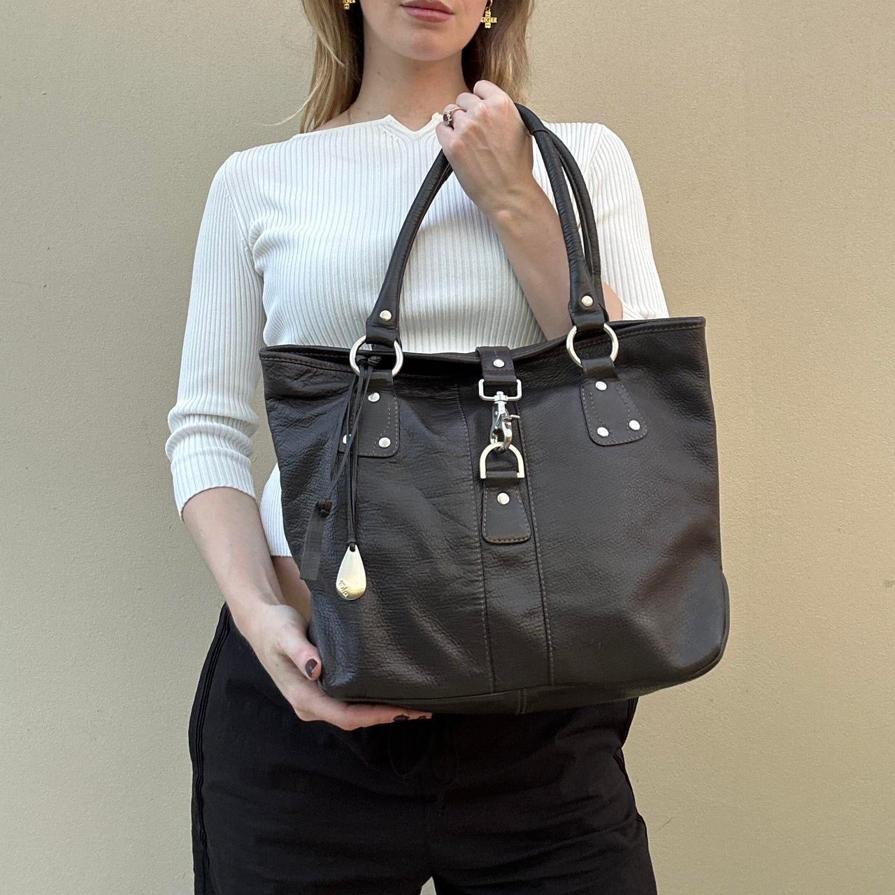 Vintage brown leather bag with silver hardware detail