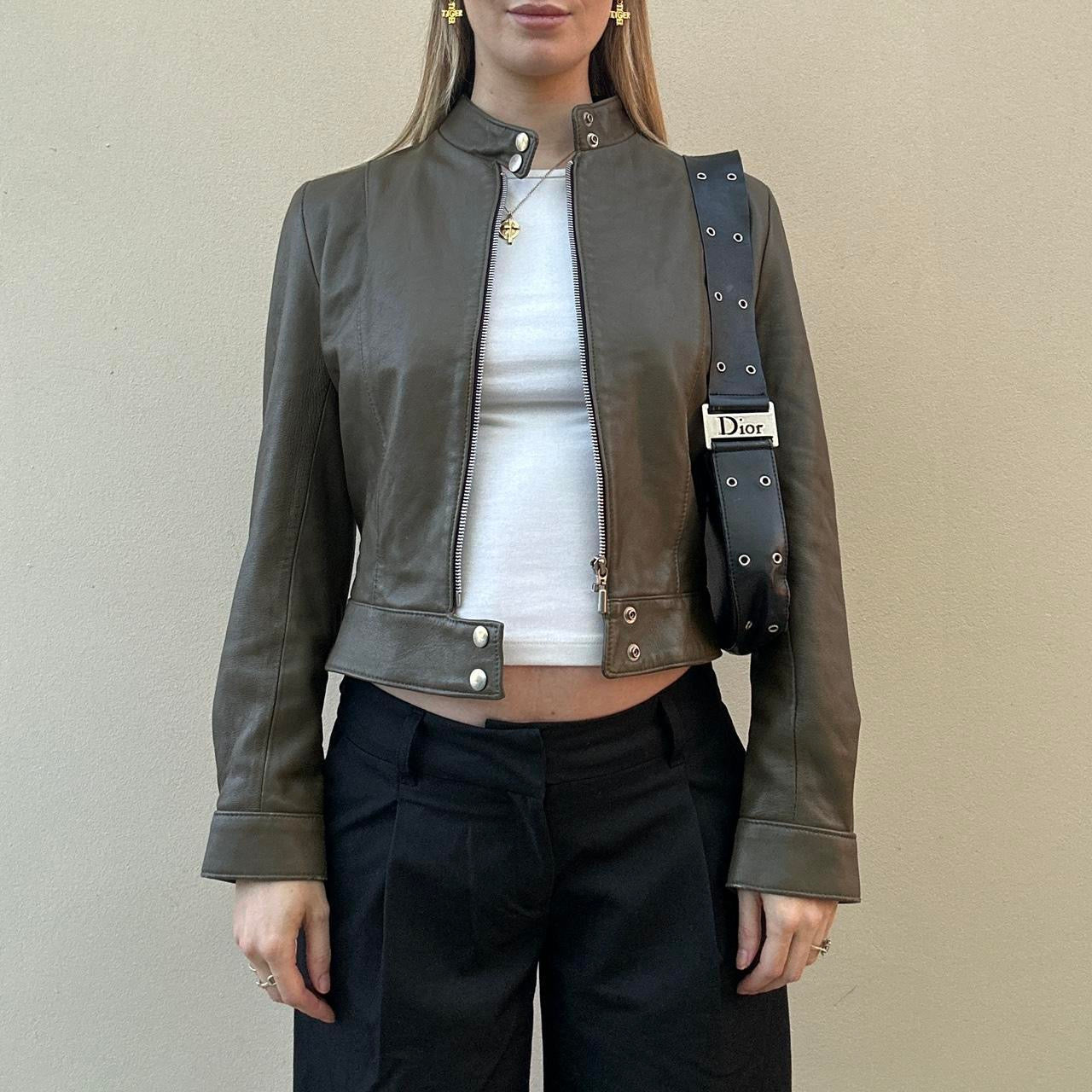 Vintage khaki leather biker jacket