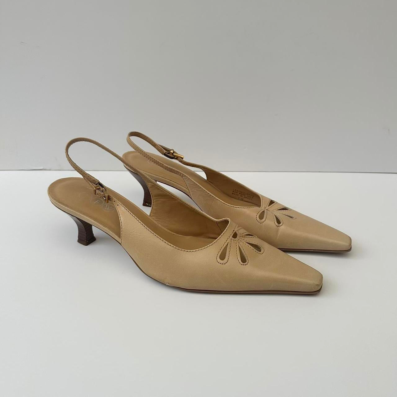 Tan leather sling back kitten heels