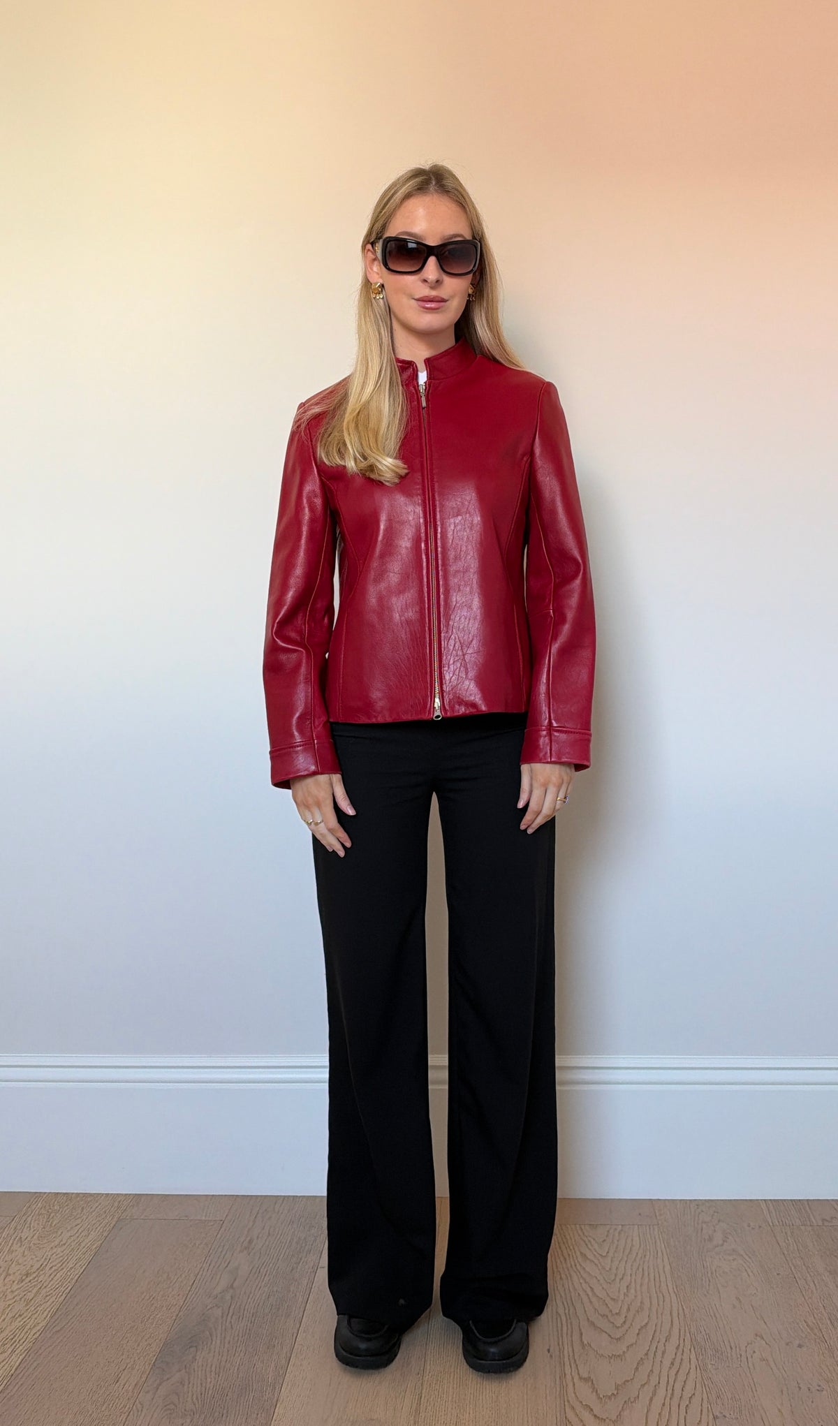 Vintage red leather double zip jacket