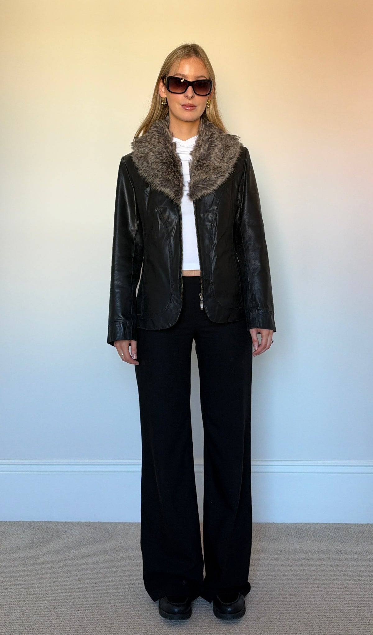 Vintage leather & fur collar jacket