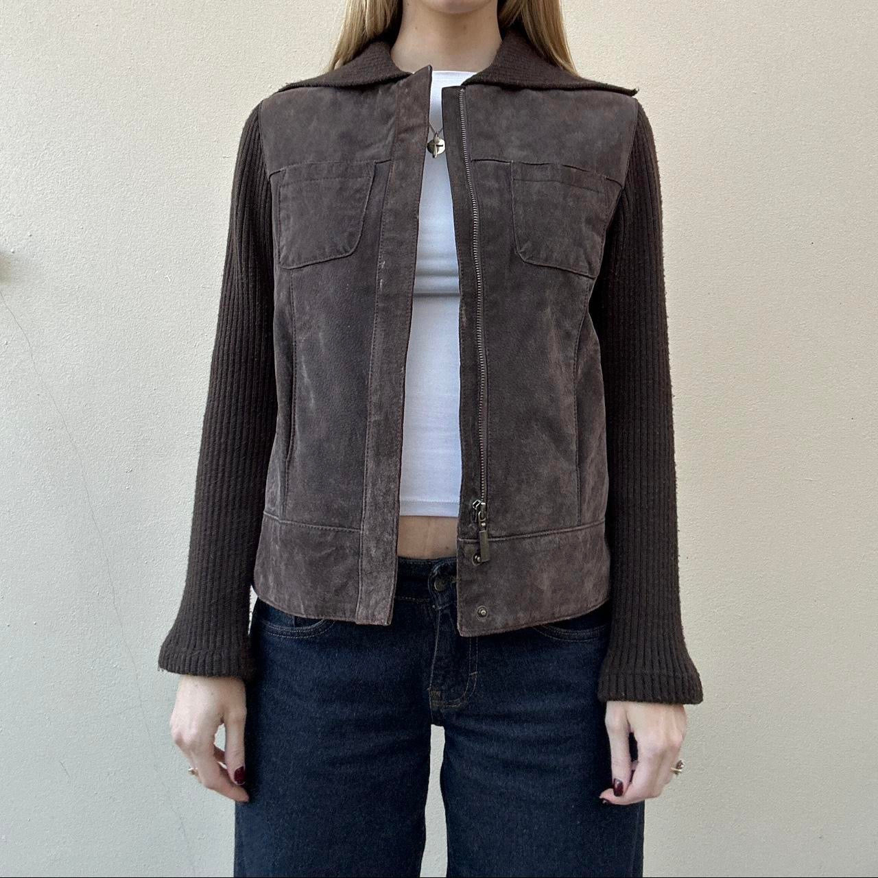 Vintage 00s brown suede & knit jumper jacket