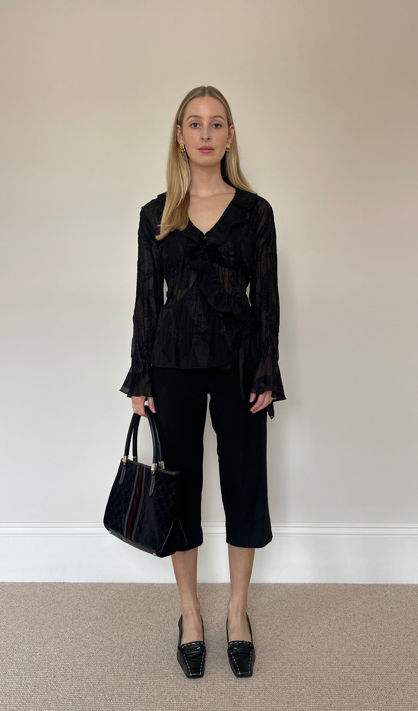 Vintage 90s Black Ruffle Blouse
