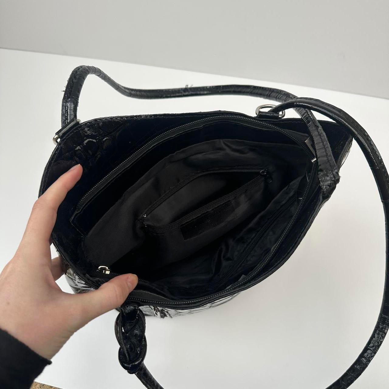 Black patent leather shoulder bag