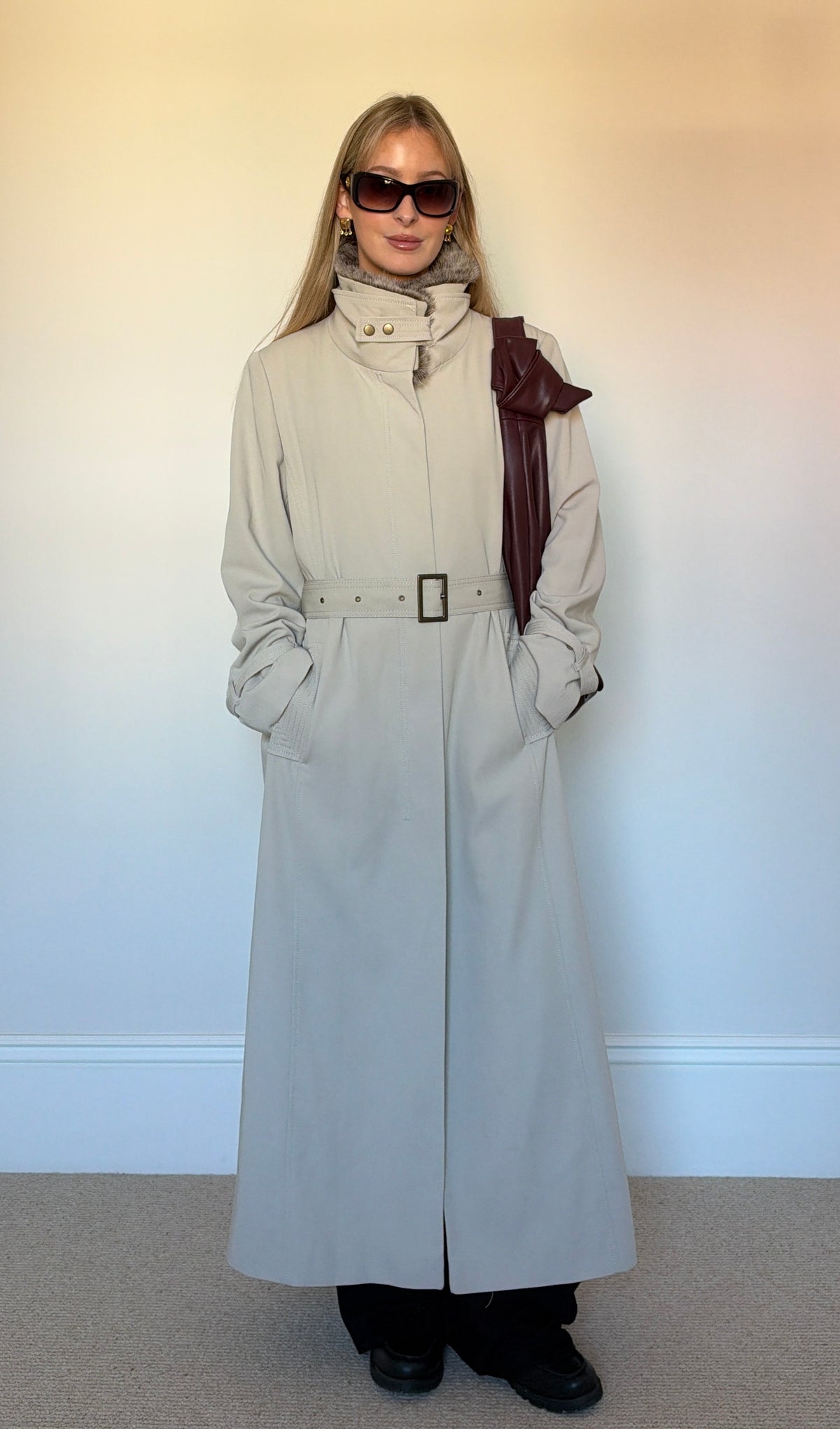 Vintage full length trench coat with fur collar