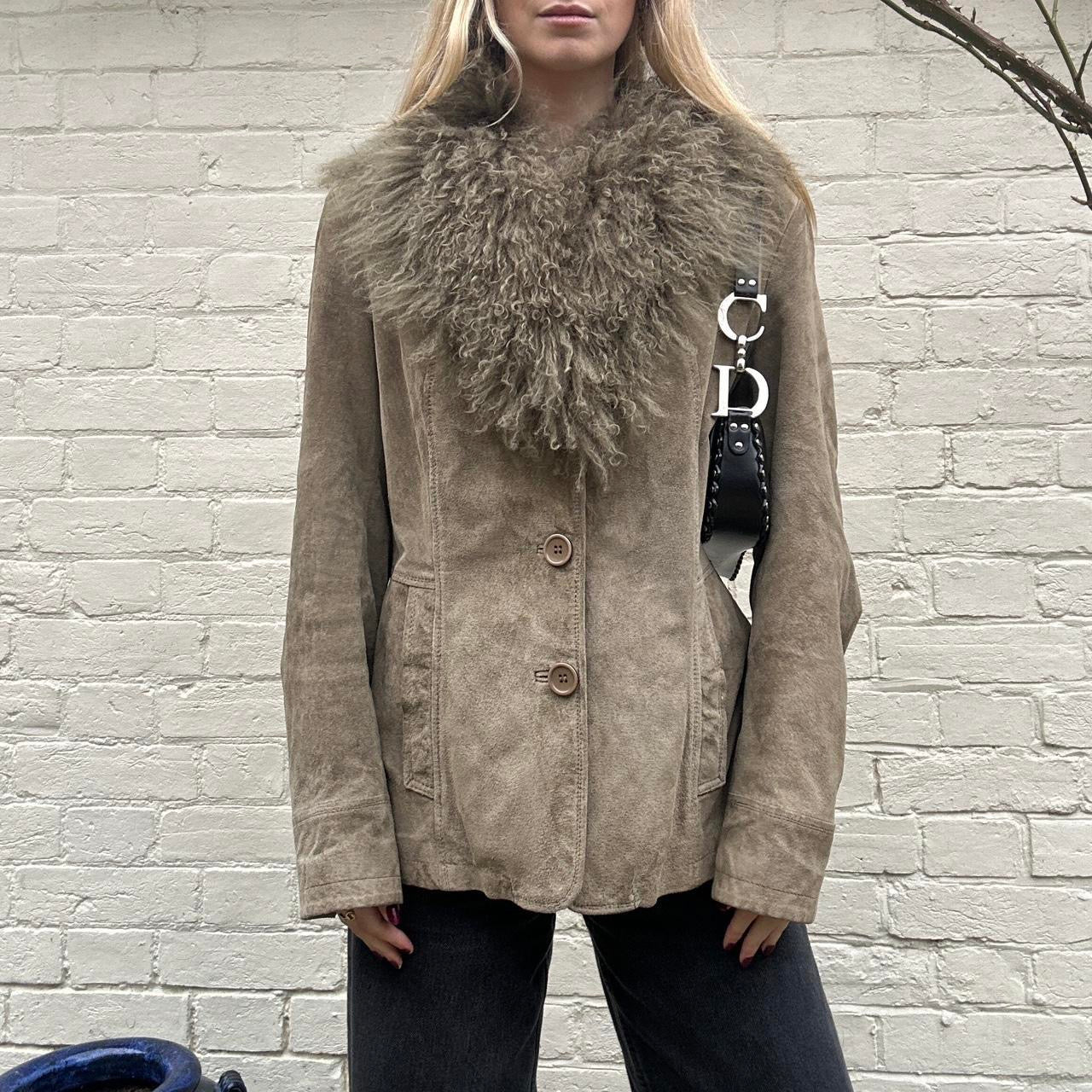 Vintage khaki Mongolian fur & genuine suede jacket