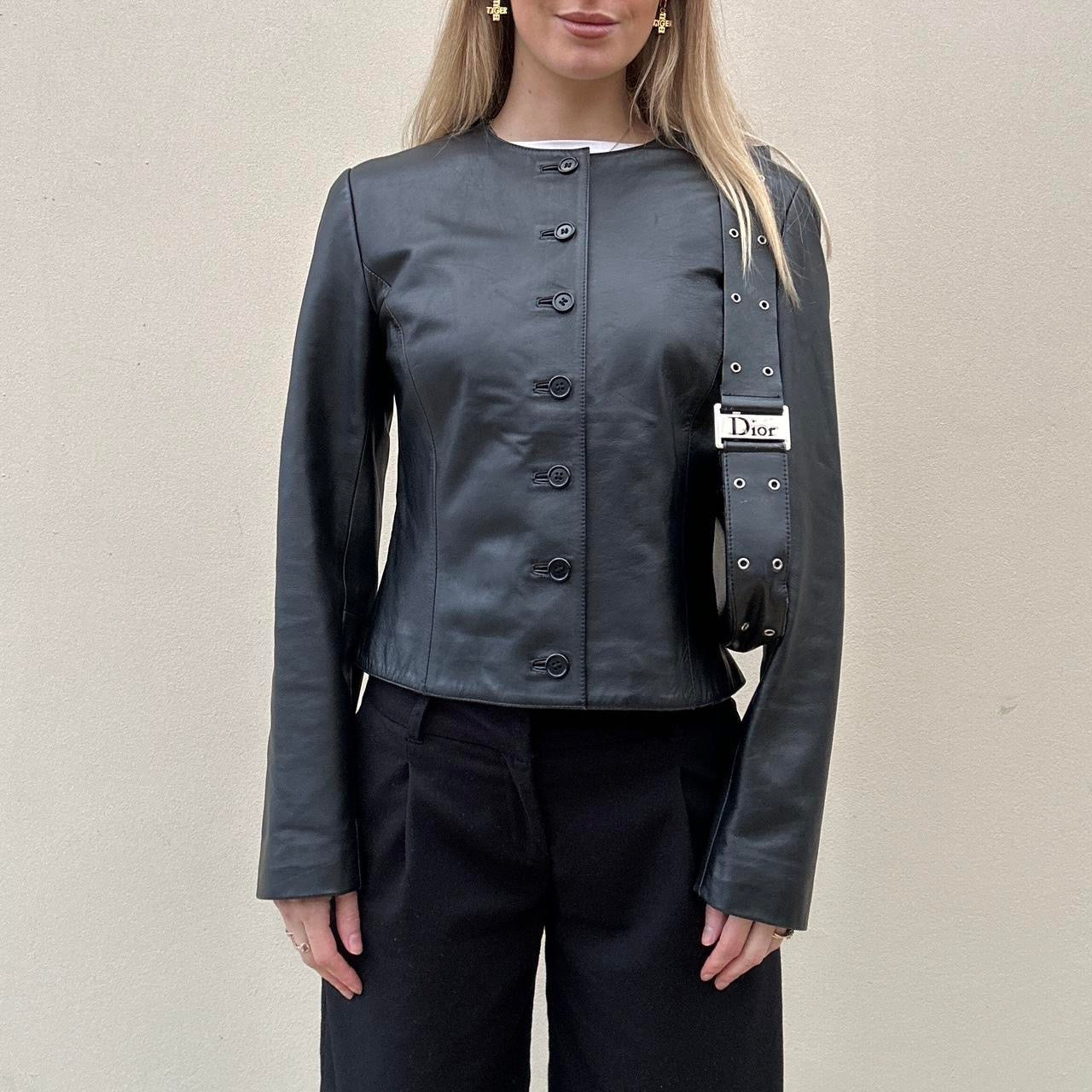 Vintage 00s collarless leather jacket