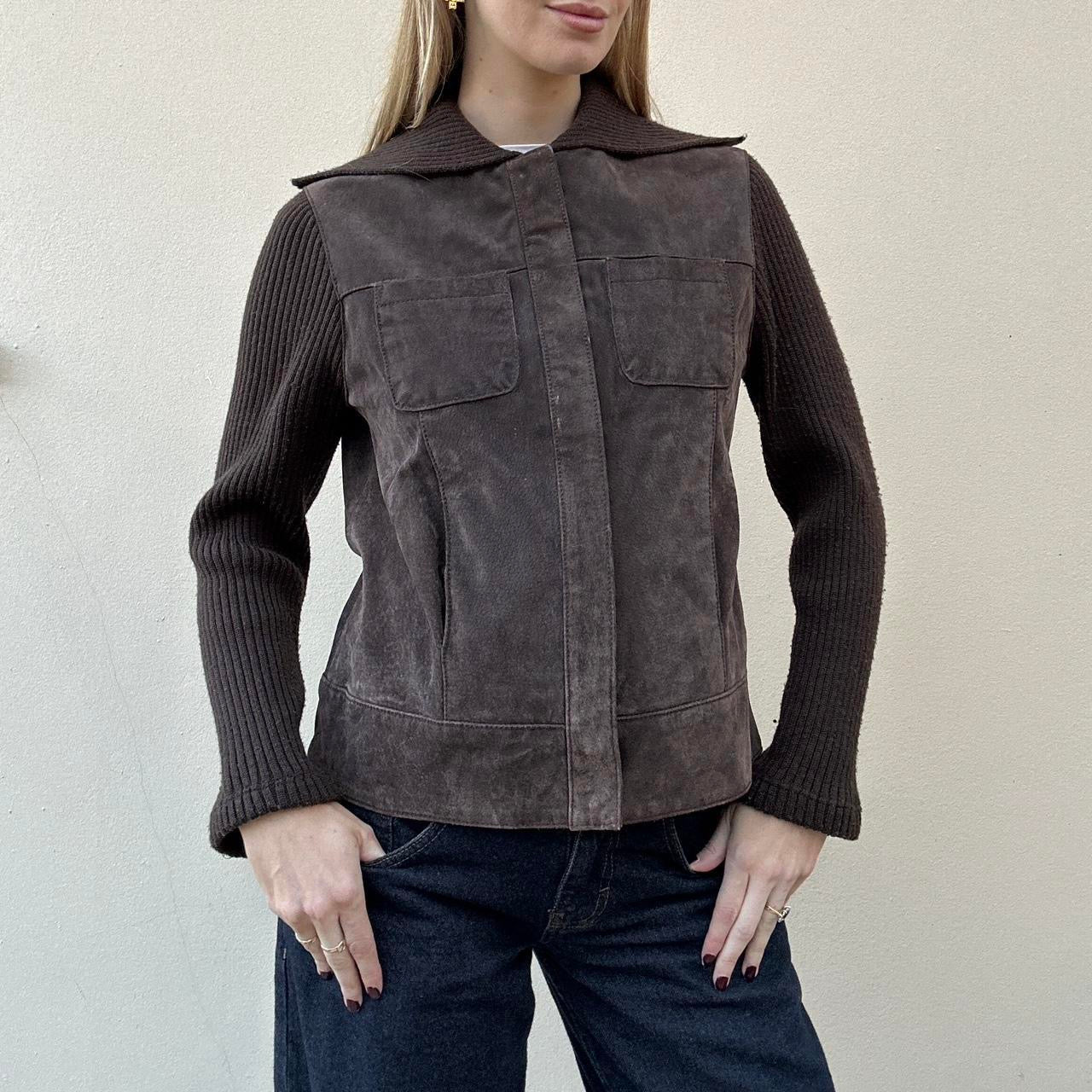 Vintage 00s brown suede & knit jumper jacket