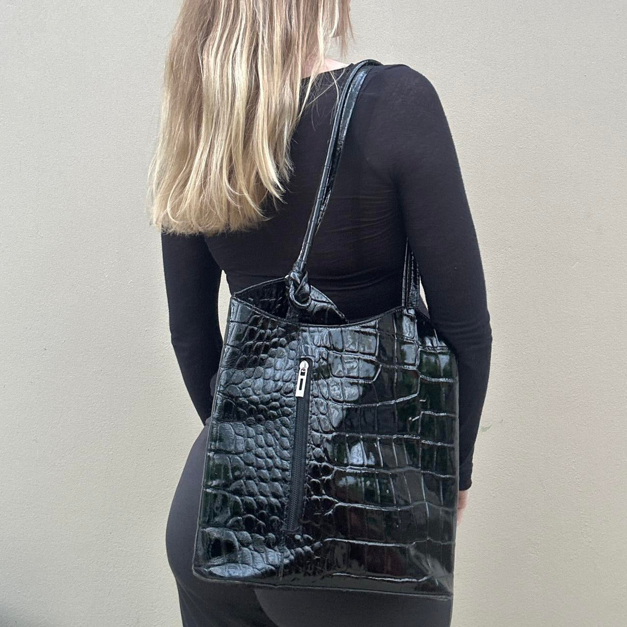 Black patent leather shoulder bag