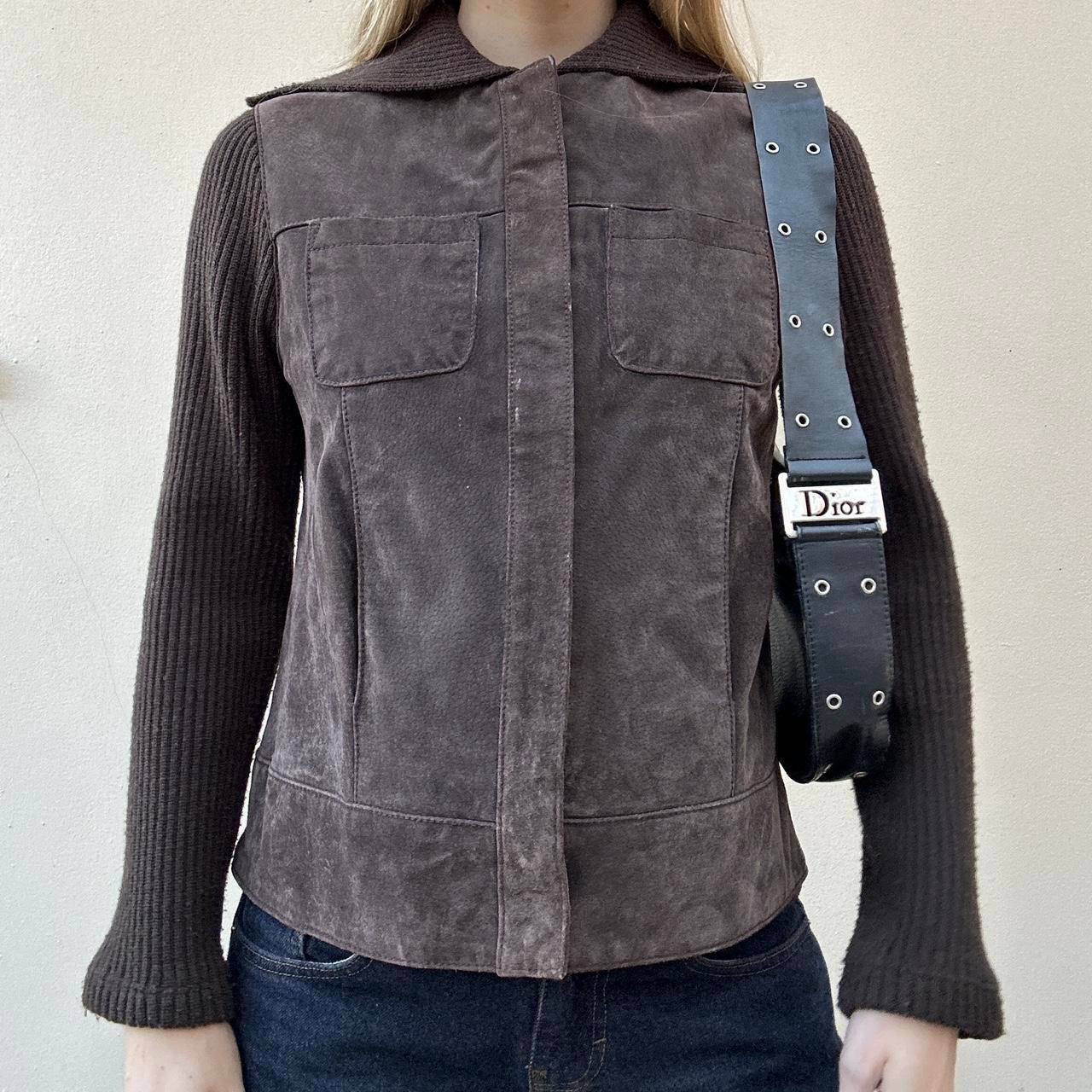 Vintage 00s brown suede & knit jumper jacket