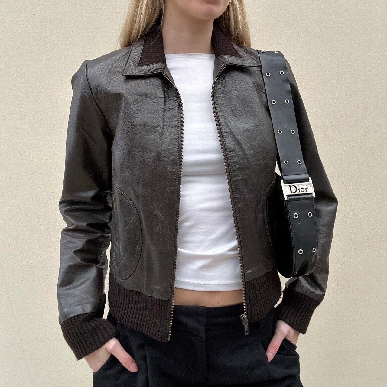 Vintage 00s chocolate brown leather bomber jacket