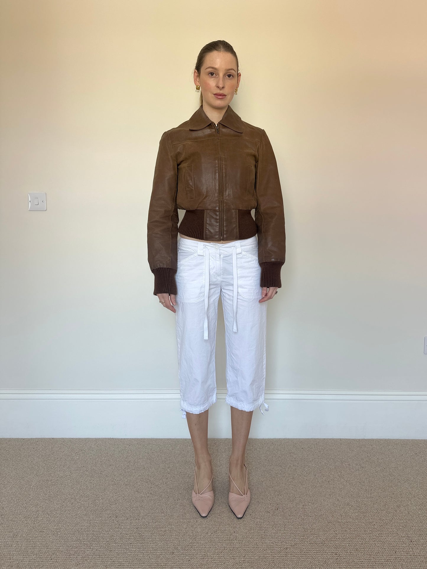 Brown leather bomber jacket