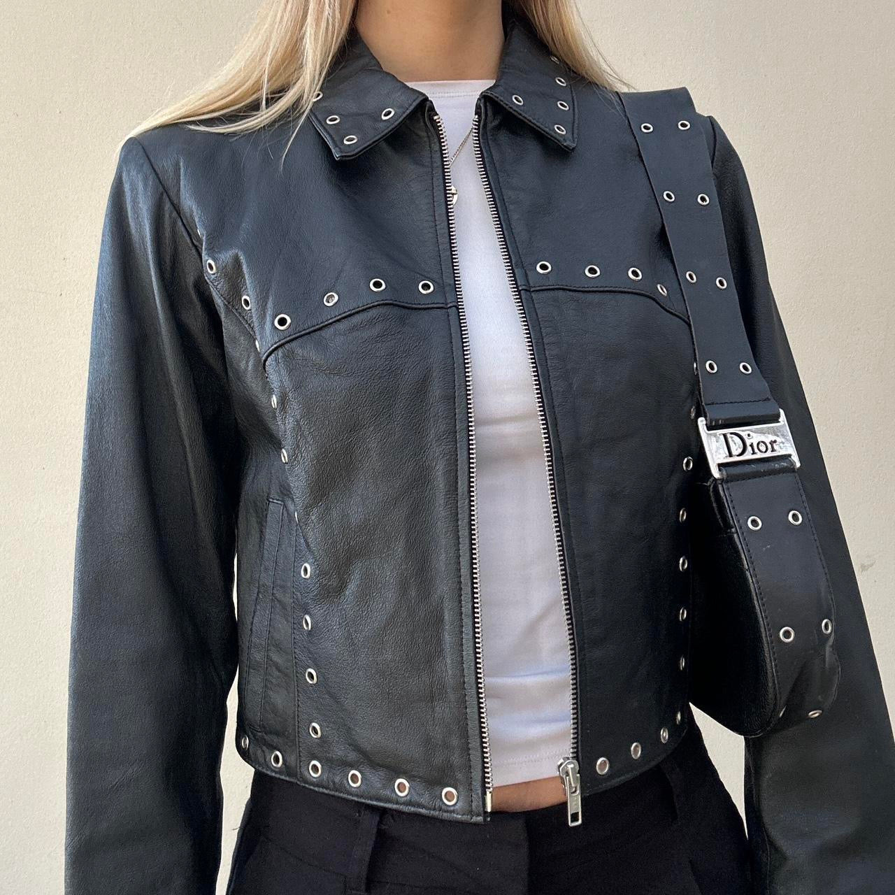 Vintage 00s black leather eyelet jacket