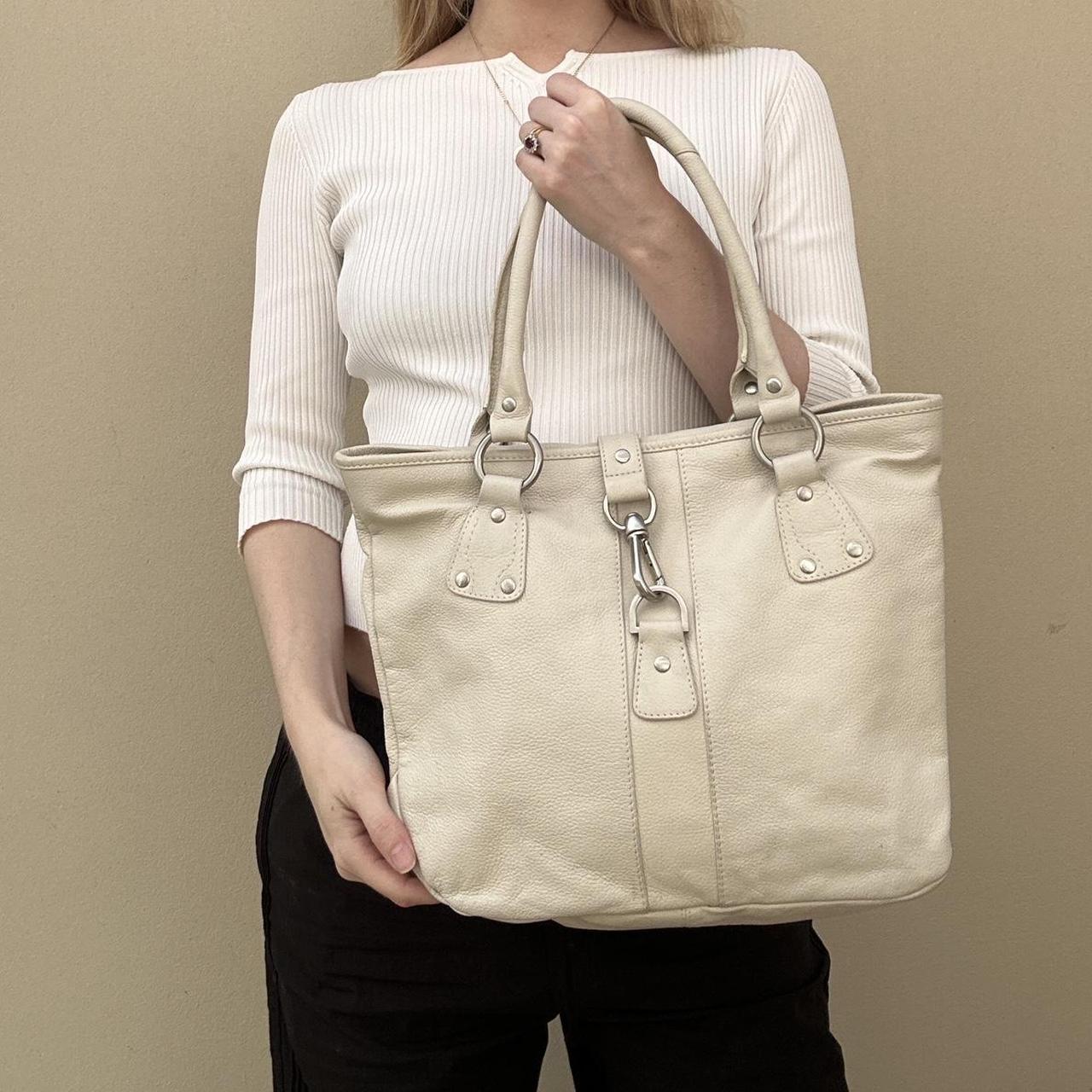 Cream leather tote bag with silver hardware