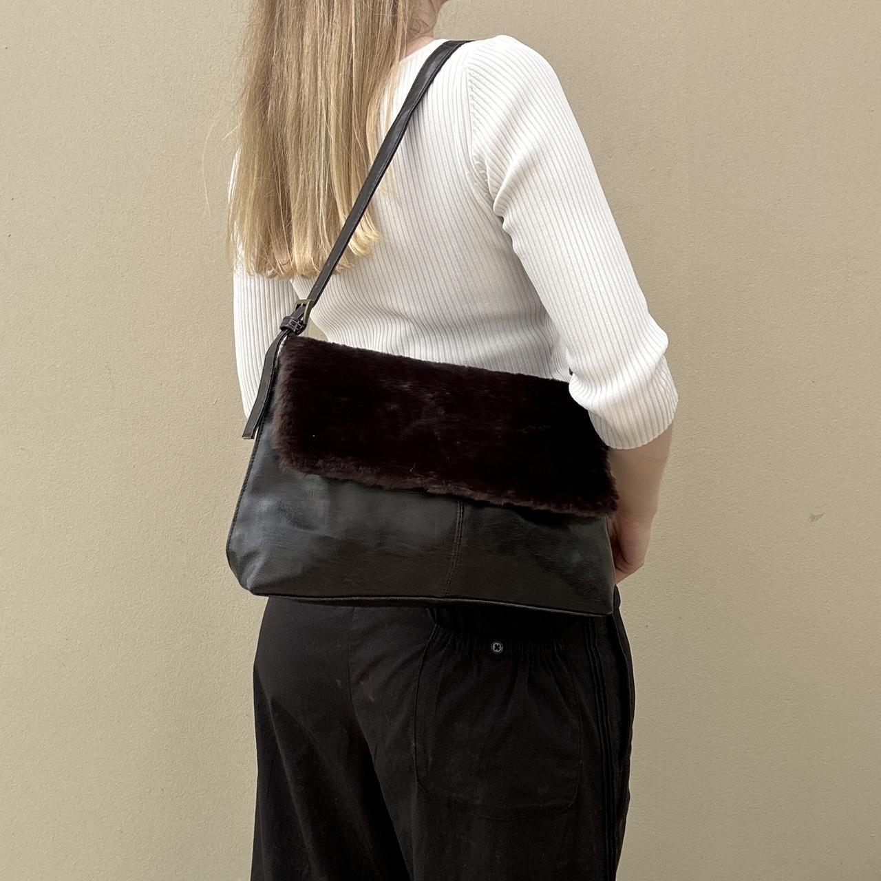 Brown faux fur & faux leather shoulder bag