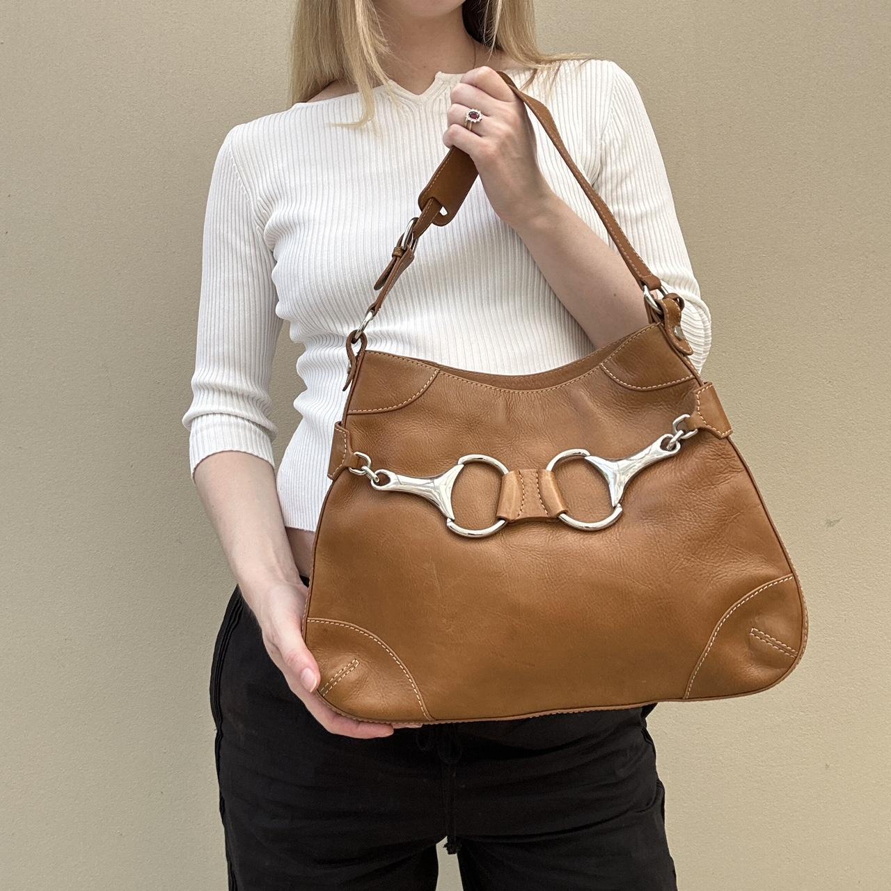 Tan leather horsebit shoulder bag