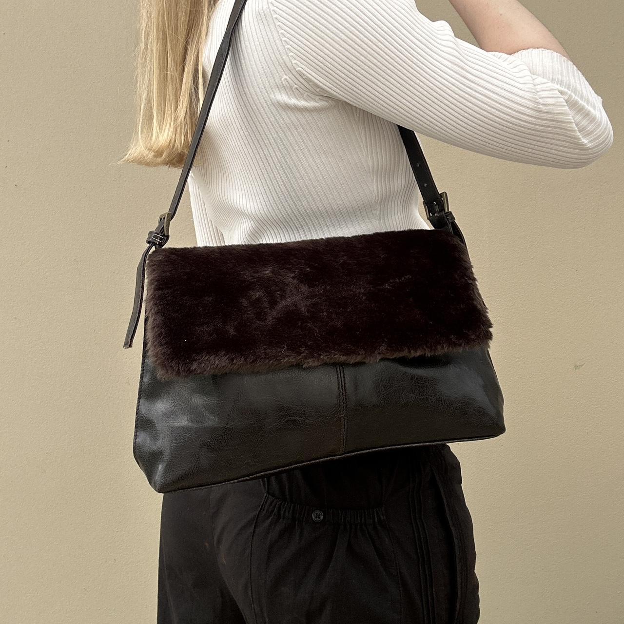 Brown faux fur & faux leather shoulder bag