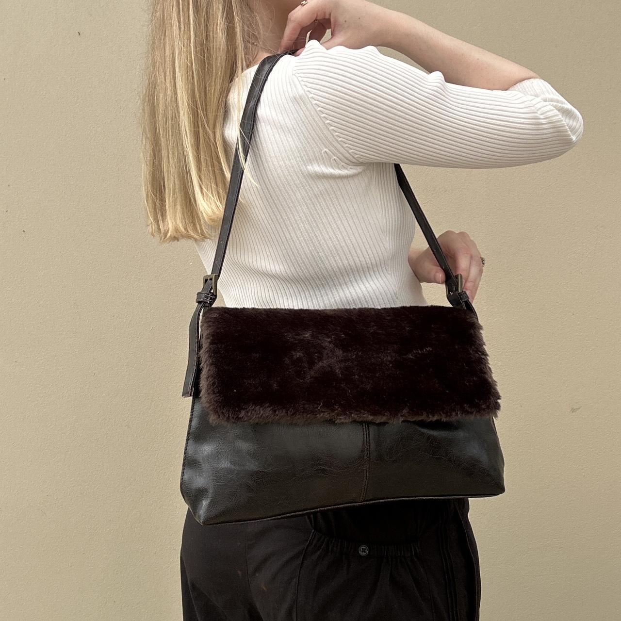 Brown faux fur & faux leather shoulder bag