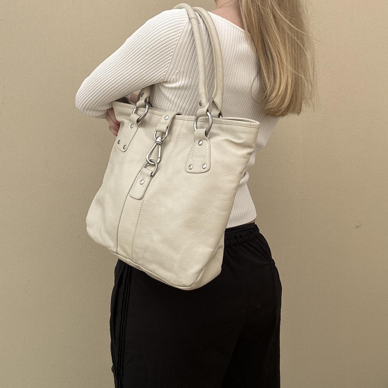 Cream leather tote bag with silver hardware