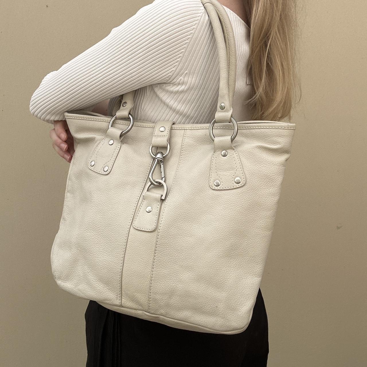 Cream leather tote bag with silver hardware