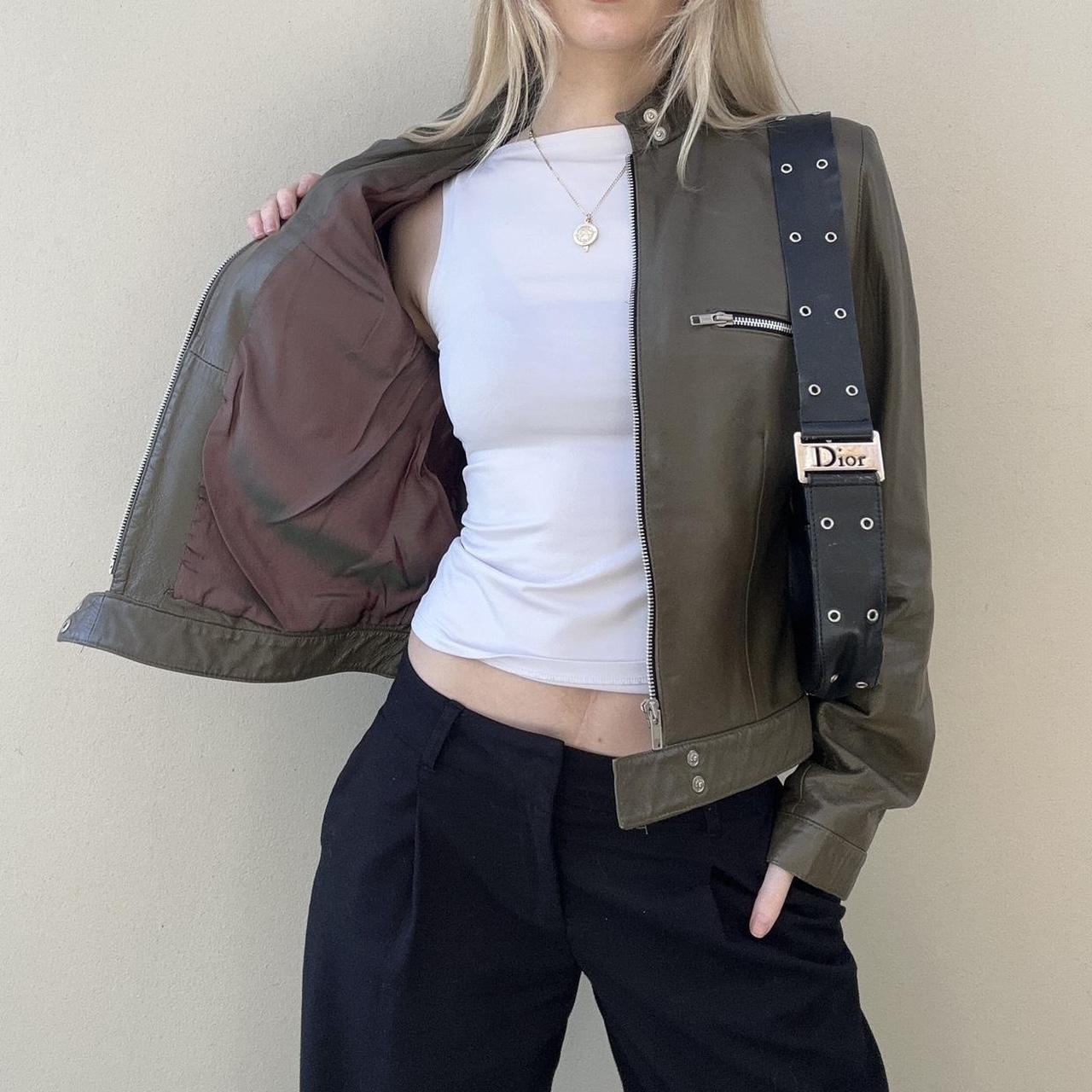 Vintage 00s khaki leather biker jacket