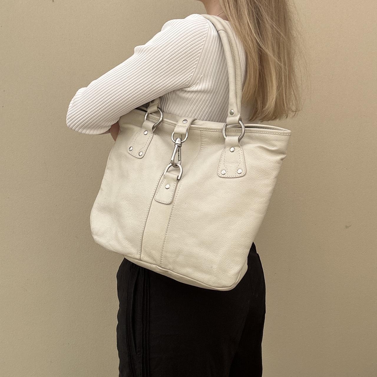 Cream leather tote bag with silver hardware