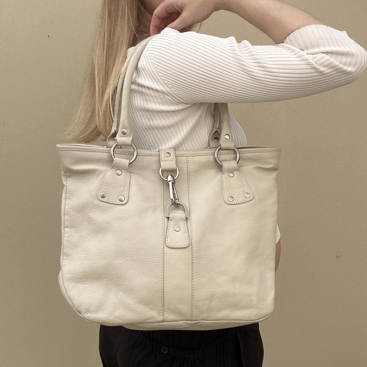 Cream leather tote bag with silver hardware