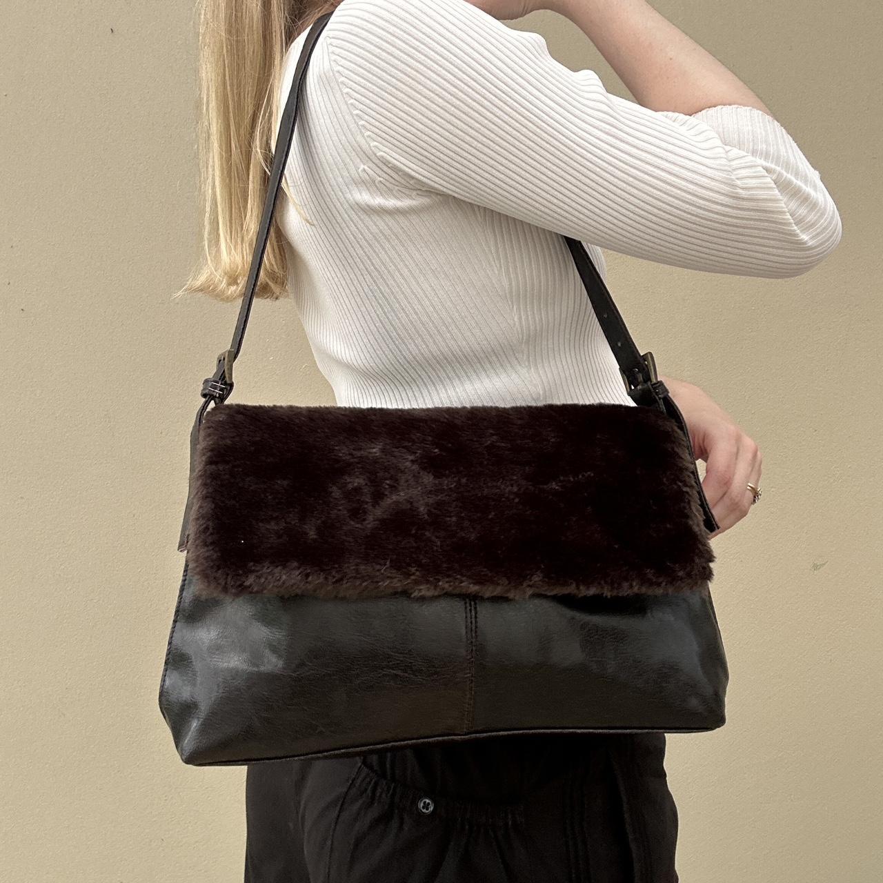 Brown faux fur & faux leather shoulder bag