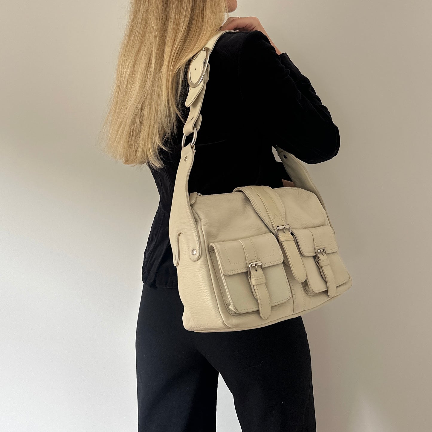 Vintage cream leather satchel bag