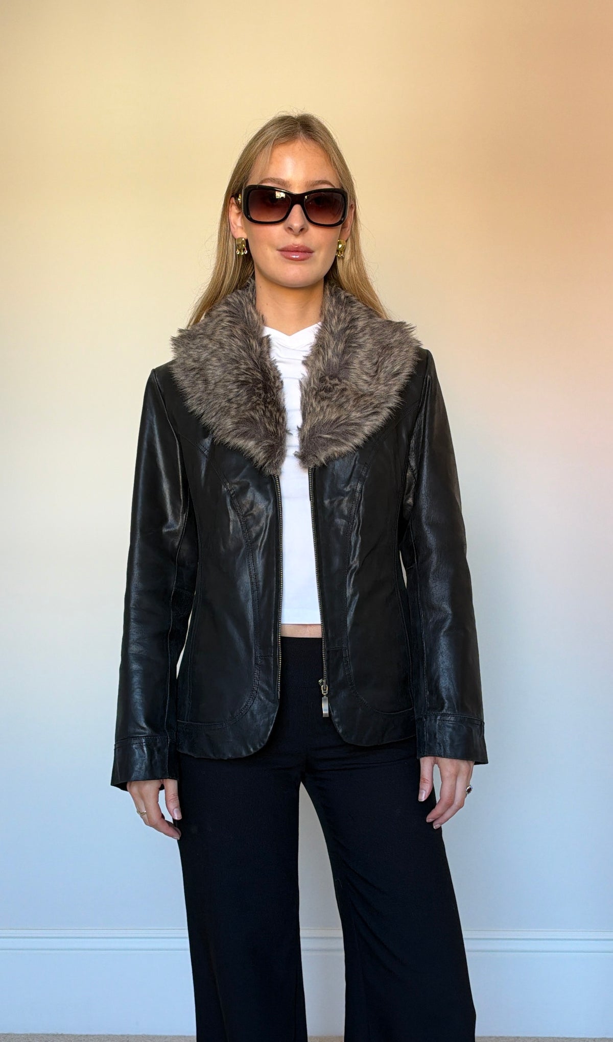 Vintage leather & fur collar jacket