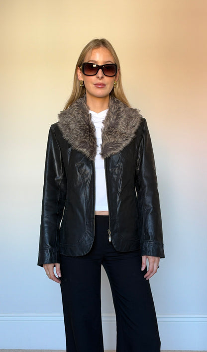 Vintage leather & fur collar jacket