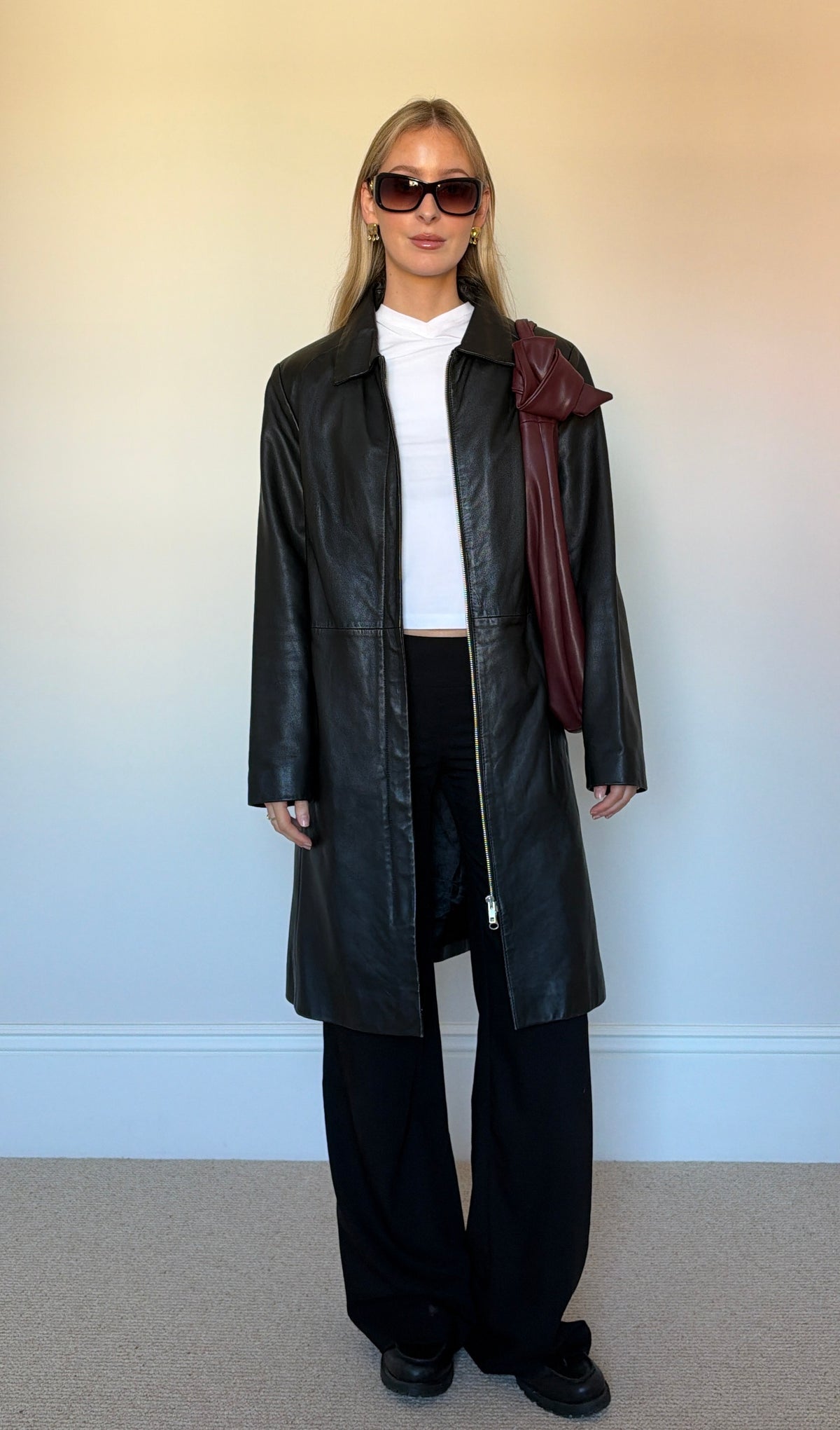 Vintage black leather trench coat
