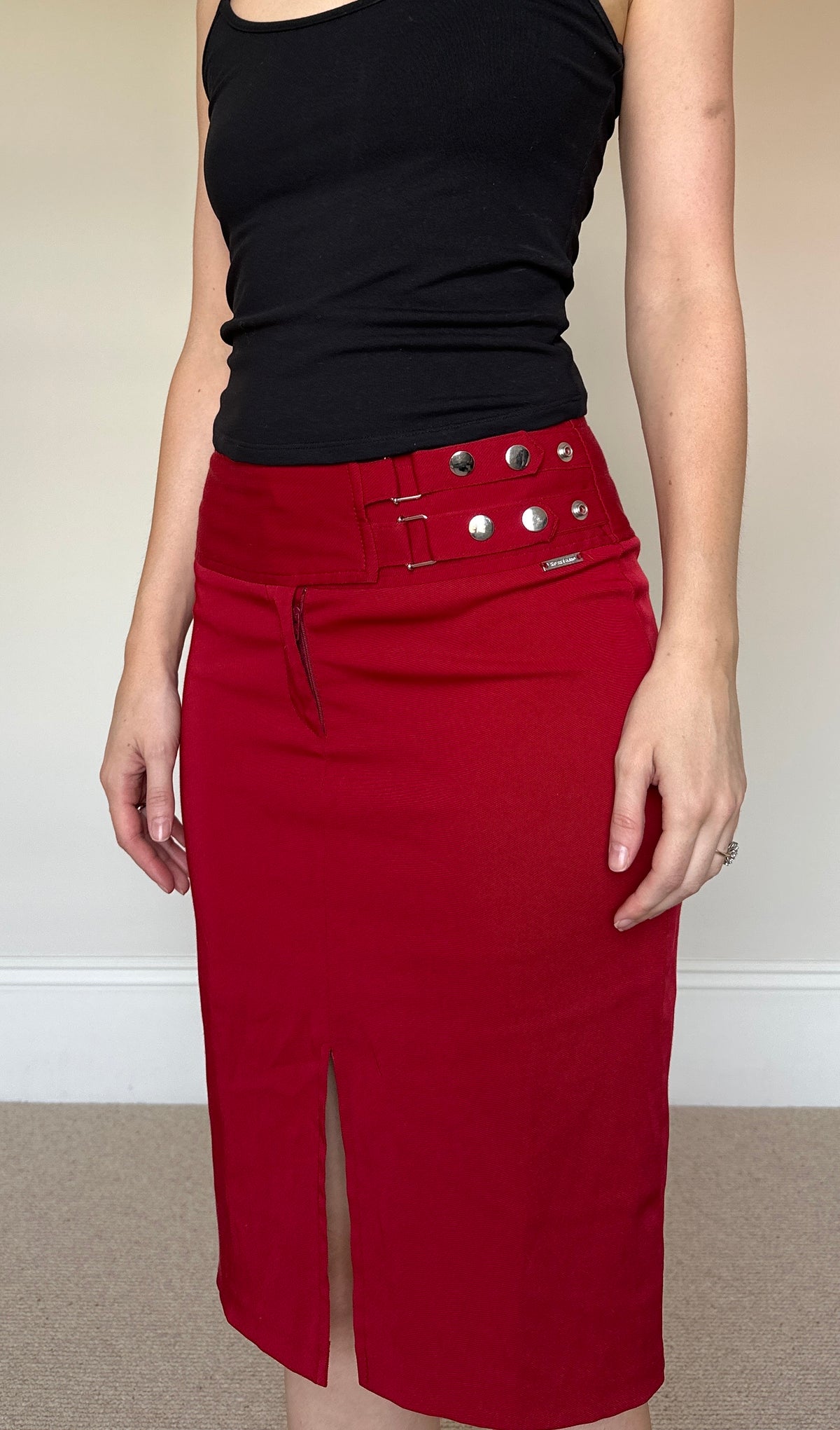Vintage red buckle midi skirt