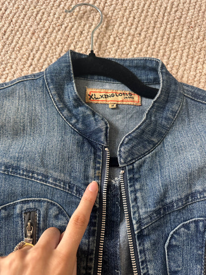 Vintage denim zip biker jacket