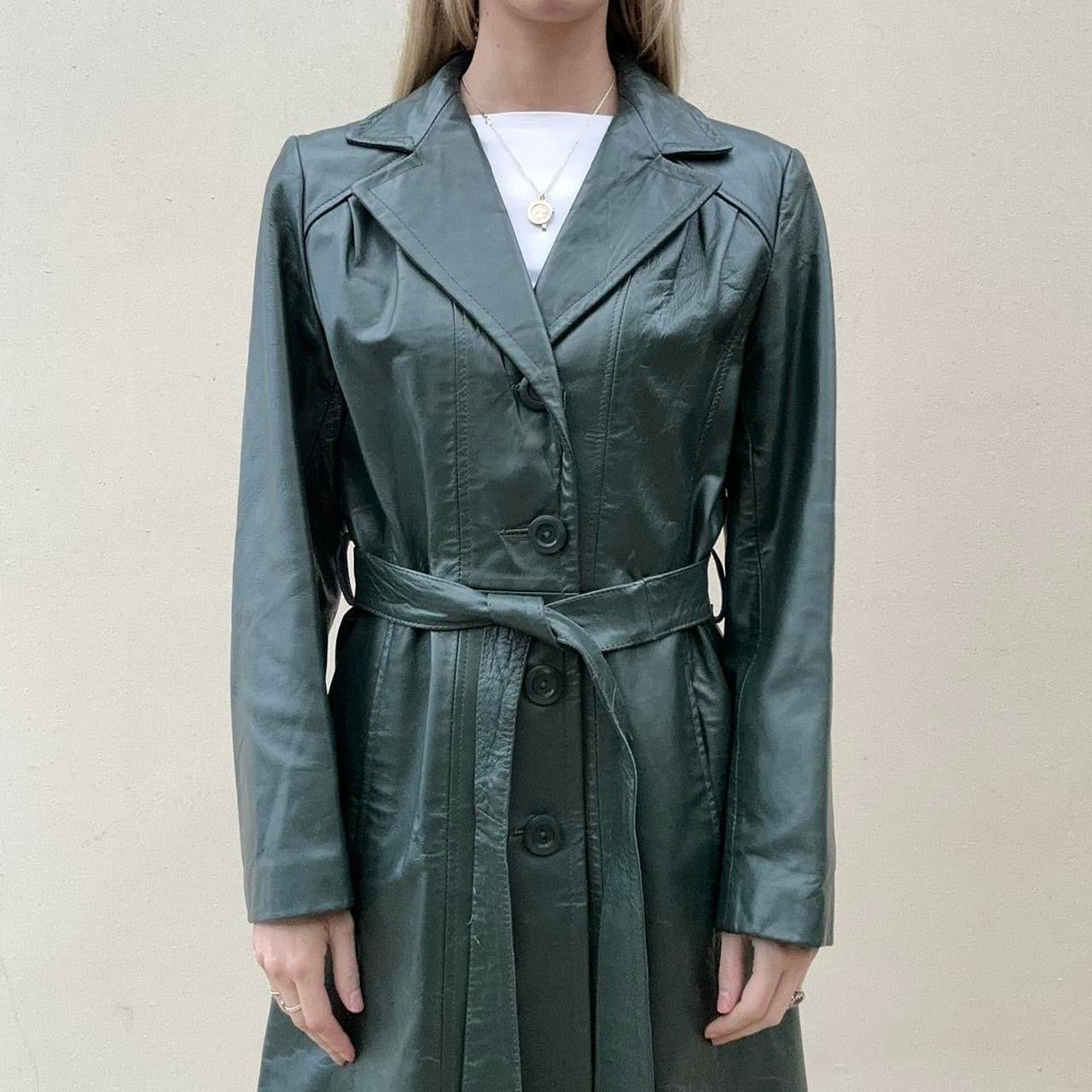 Vintage 90s forest green leather trench coat