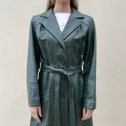 Vintage 90s forest green leather trench coat