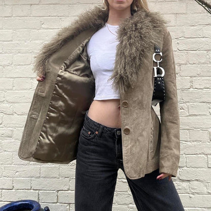 Vintage khaki Mongolian fur & genuine suede jacket