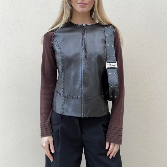 Vintage 00s leather & knit jumper jacket