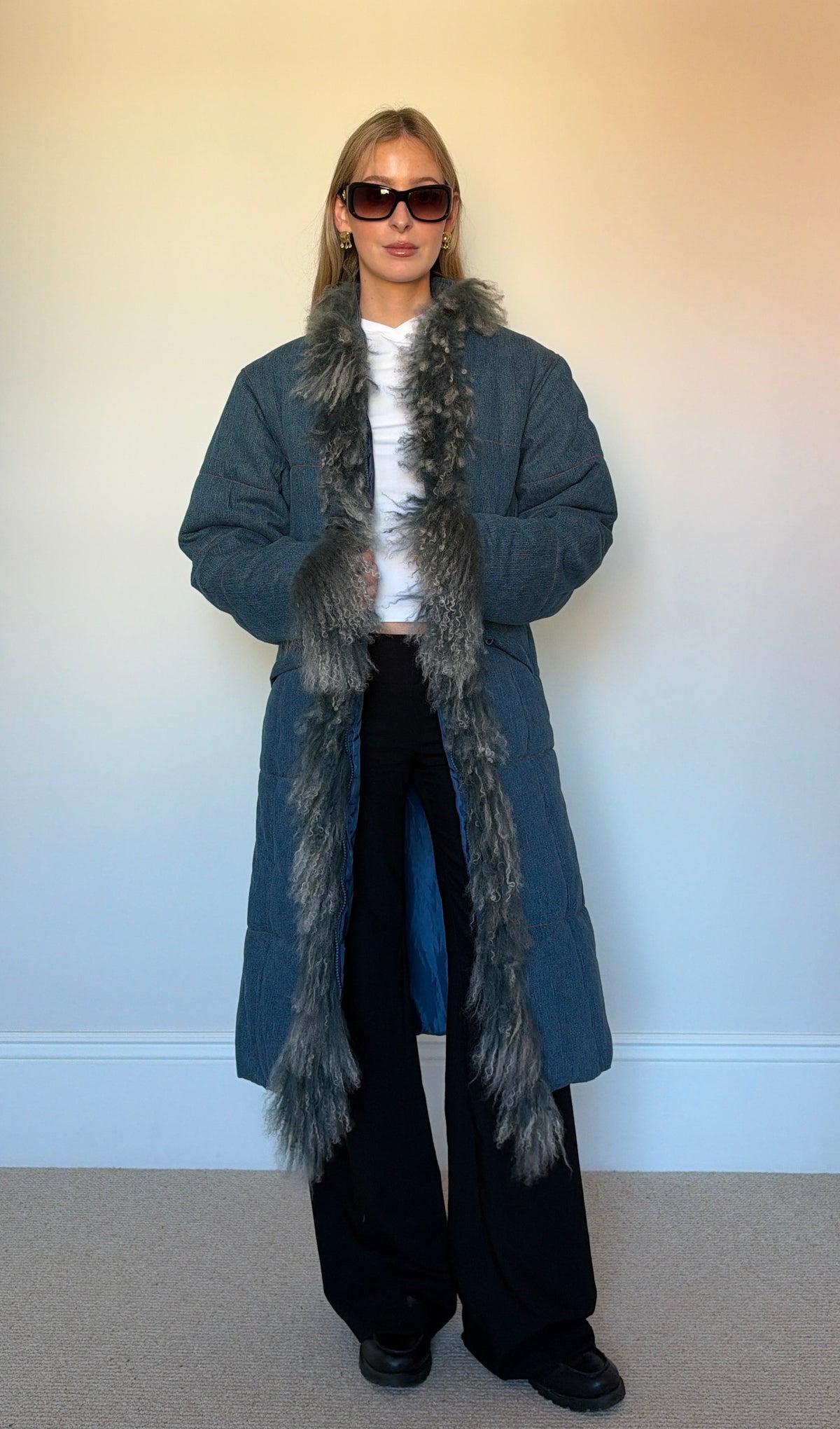 Vintage denim mongolian fur puffer coat