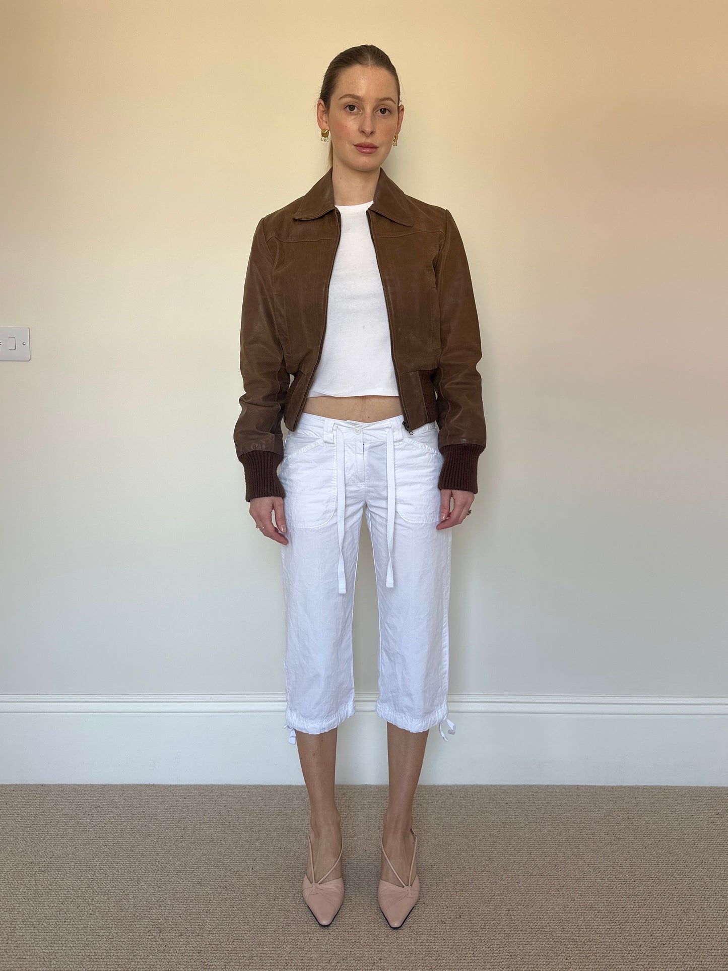 Brown leather bomber jacket
