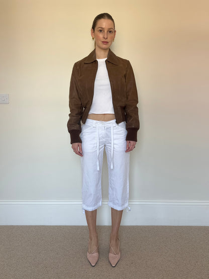 Brown leather bomber jacket