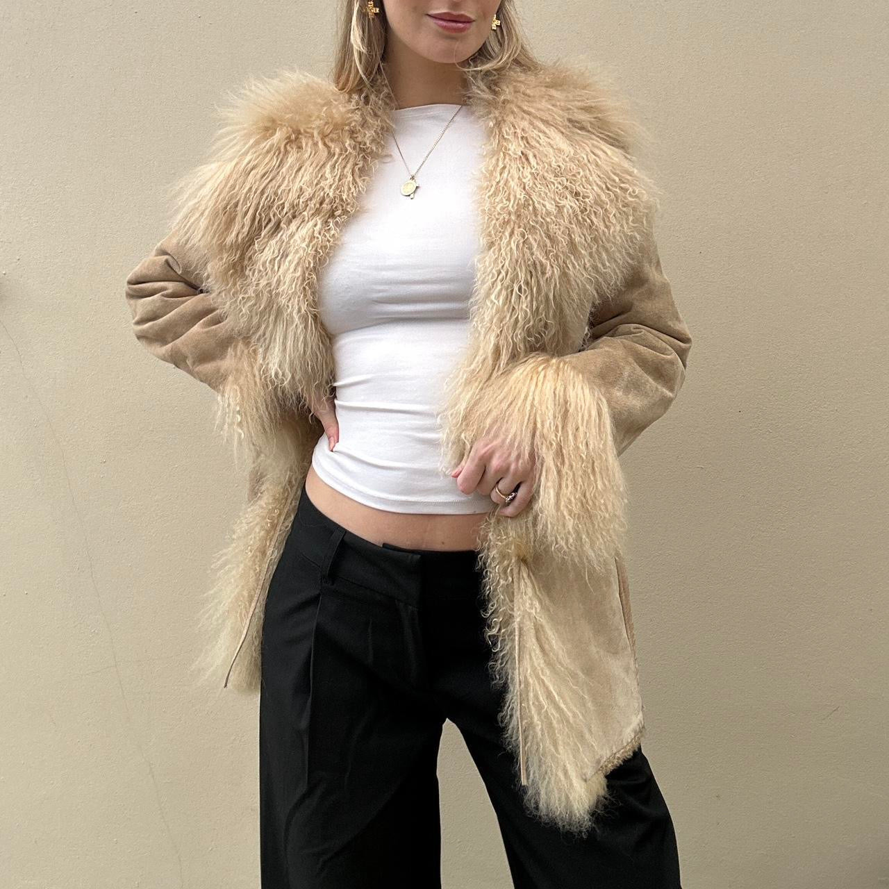 Vintage 00s suede & Mongolian fur afghan coat